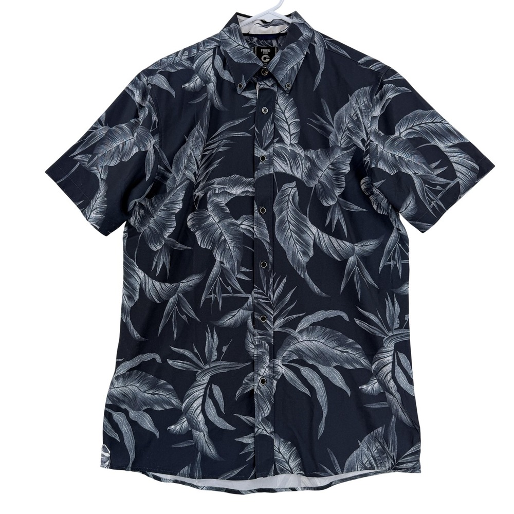Fried Denim Shirt Mens Large Blue Floral Hawaiian Short Sleeve Button Up‎ Casual